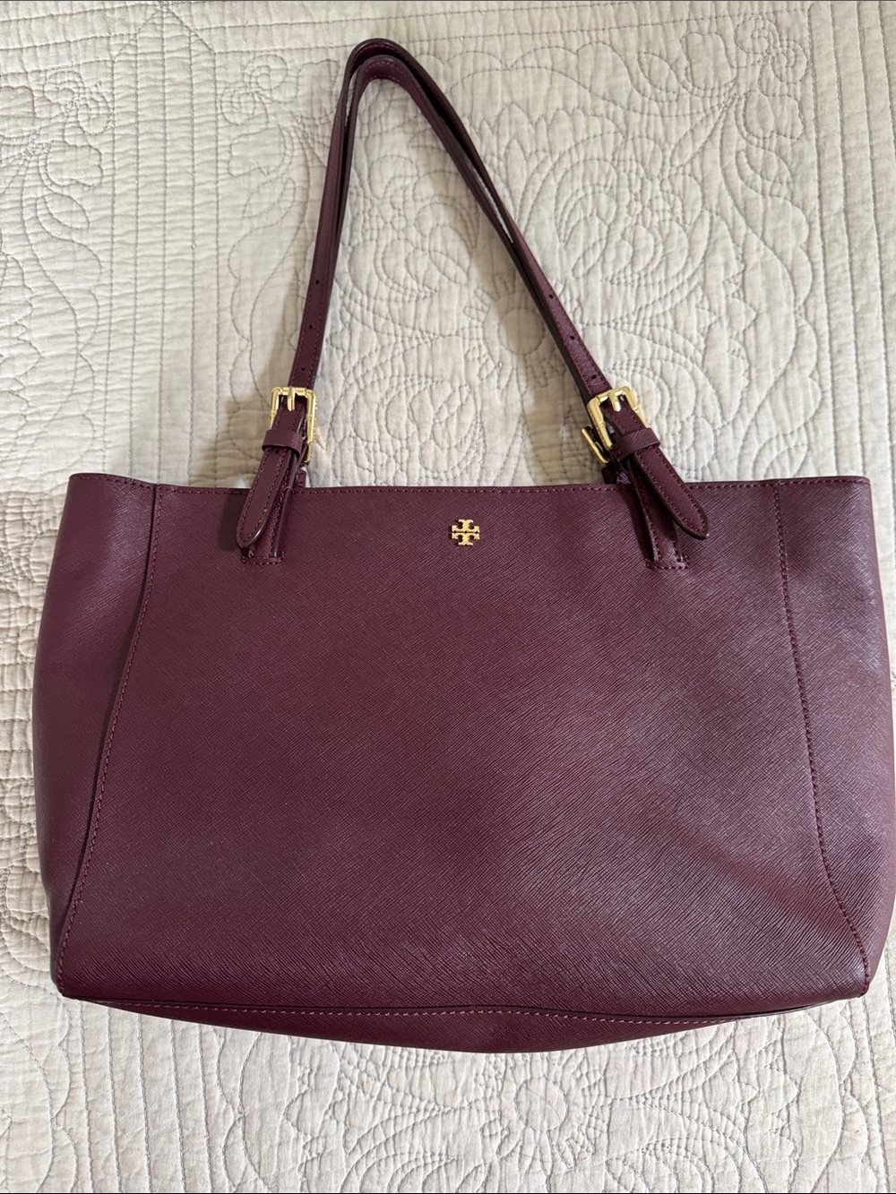 Tory Burch Burgundy Leather Tote with Gold Hardware